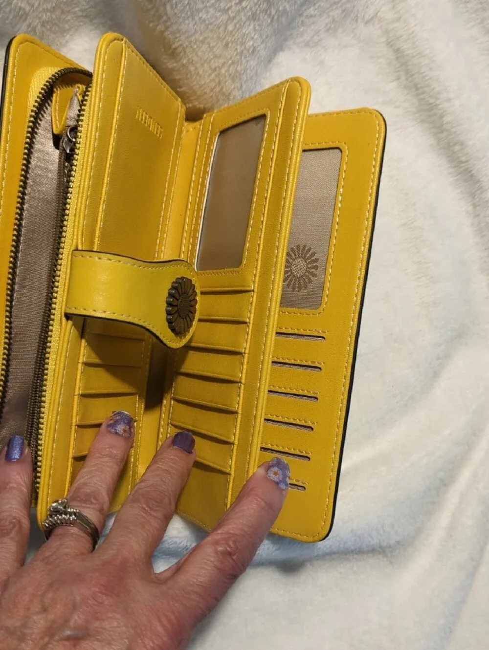 Yellow Wristlet Wallet with Floral Button Accent
